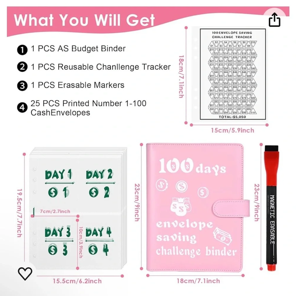 100 Envelopes Saving Challenge Binder With Erasable Marker